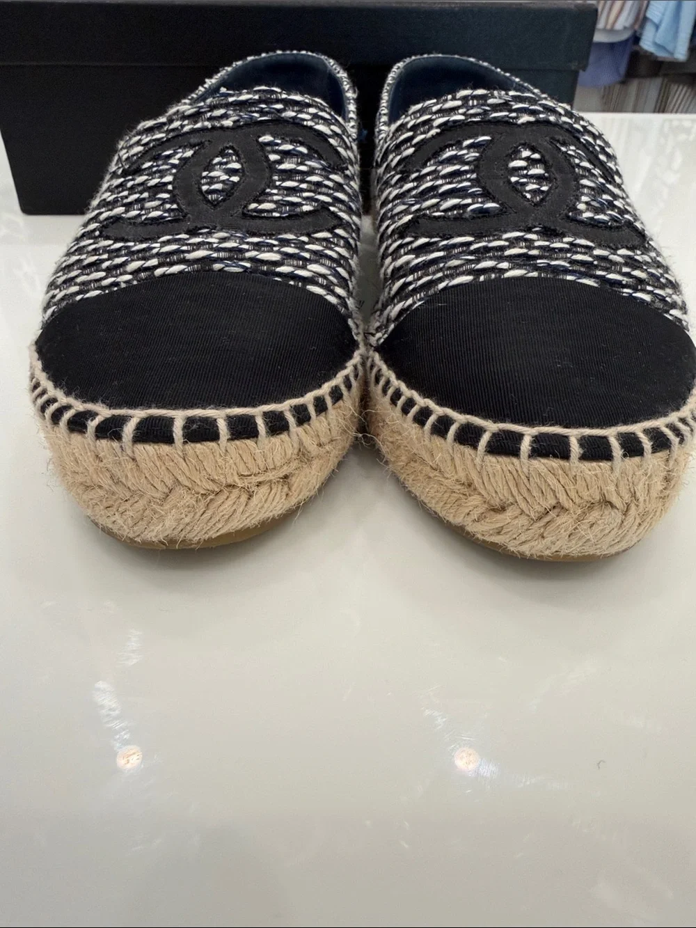 CHANEL Black & White Tweed Espadrille Slip-Ons